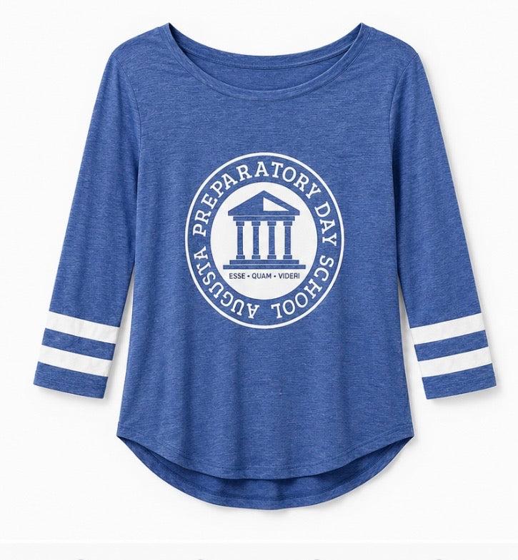 Womens blue baseball shirt with academic logo